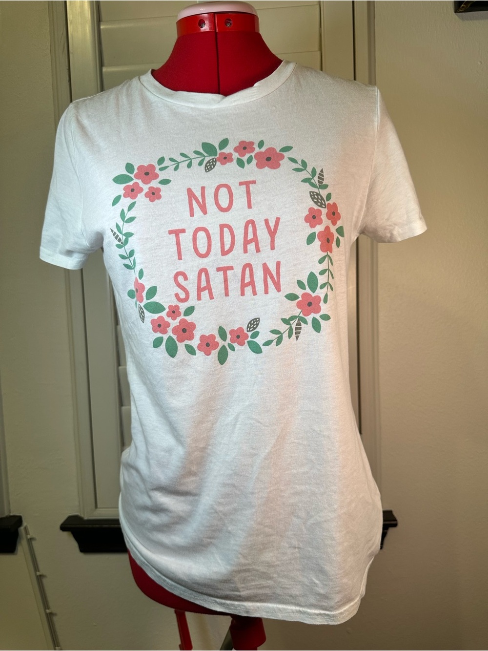 Black Matter White Tee with Pink Floral Wreath "Not Today Satan"